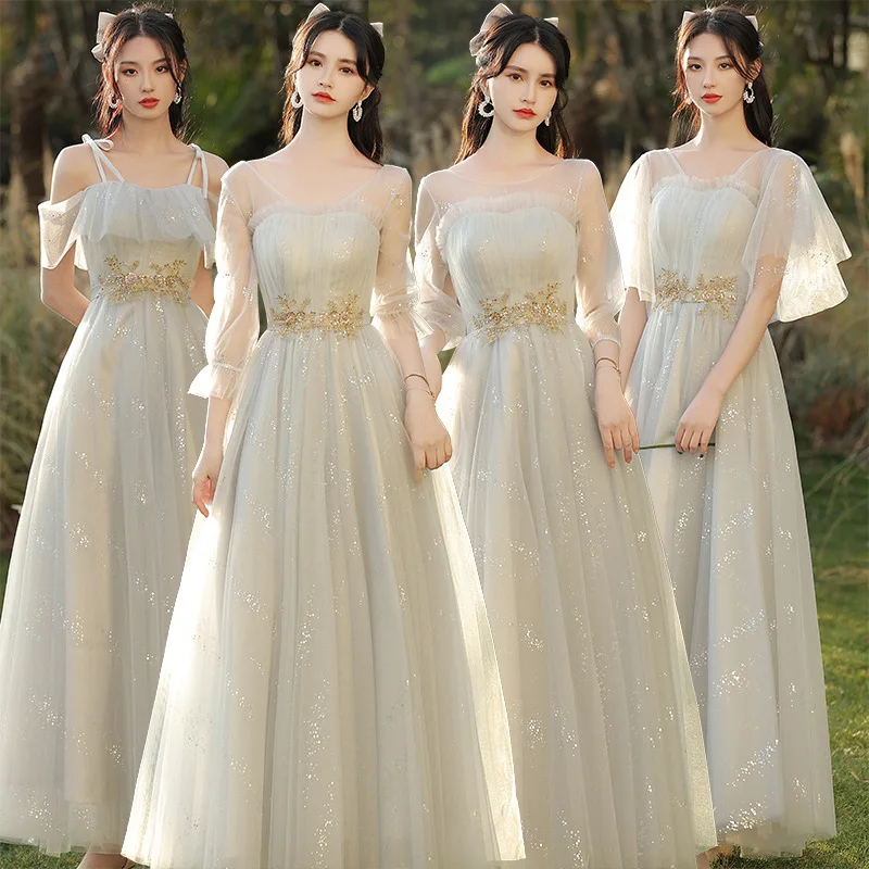 

Gray Formal Solid Dress Bridesmaid Dress New Autumn Fairy Temperament Sister Group Long Skirt Choir Performance Dress Student
