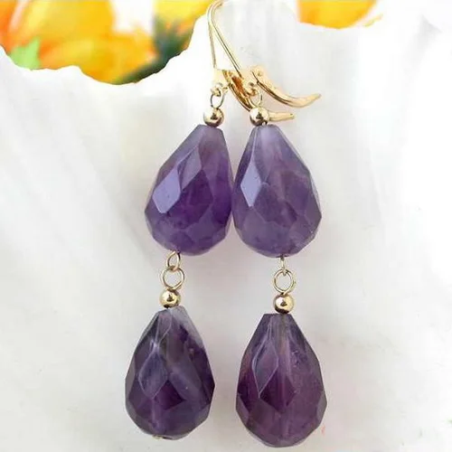 

New Arrival Favorite Pearl Jewelry Natural 20mm Drip Faveted Amethyst 14K/20 Gold Hook Dangle Earrings Charming Lady Gift