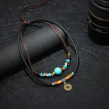 

Vintage Necklace Ancient Tribe Man Hemp Leather Turquoise Bead Choker
