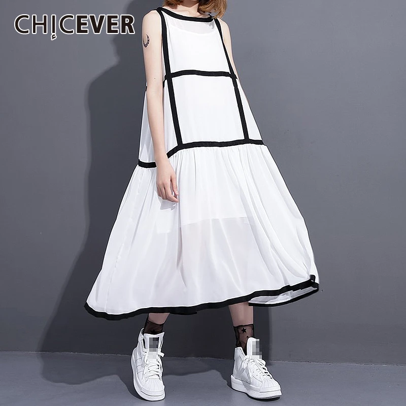 

CHICEVER Two Pieces Set Female Sleeveless Loose Dress With Spaghetti Strap Women's Suits Spring Summer 2020 Fashion Clothes New