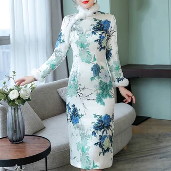 

ROPALIA Side Split Ladies Dresses Women Flower Print Plus Size Dress Long Sleeve Dress Loose