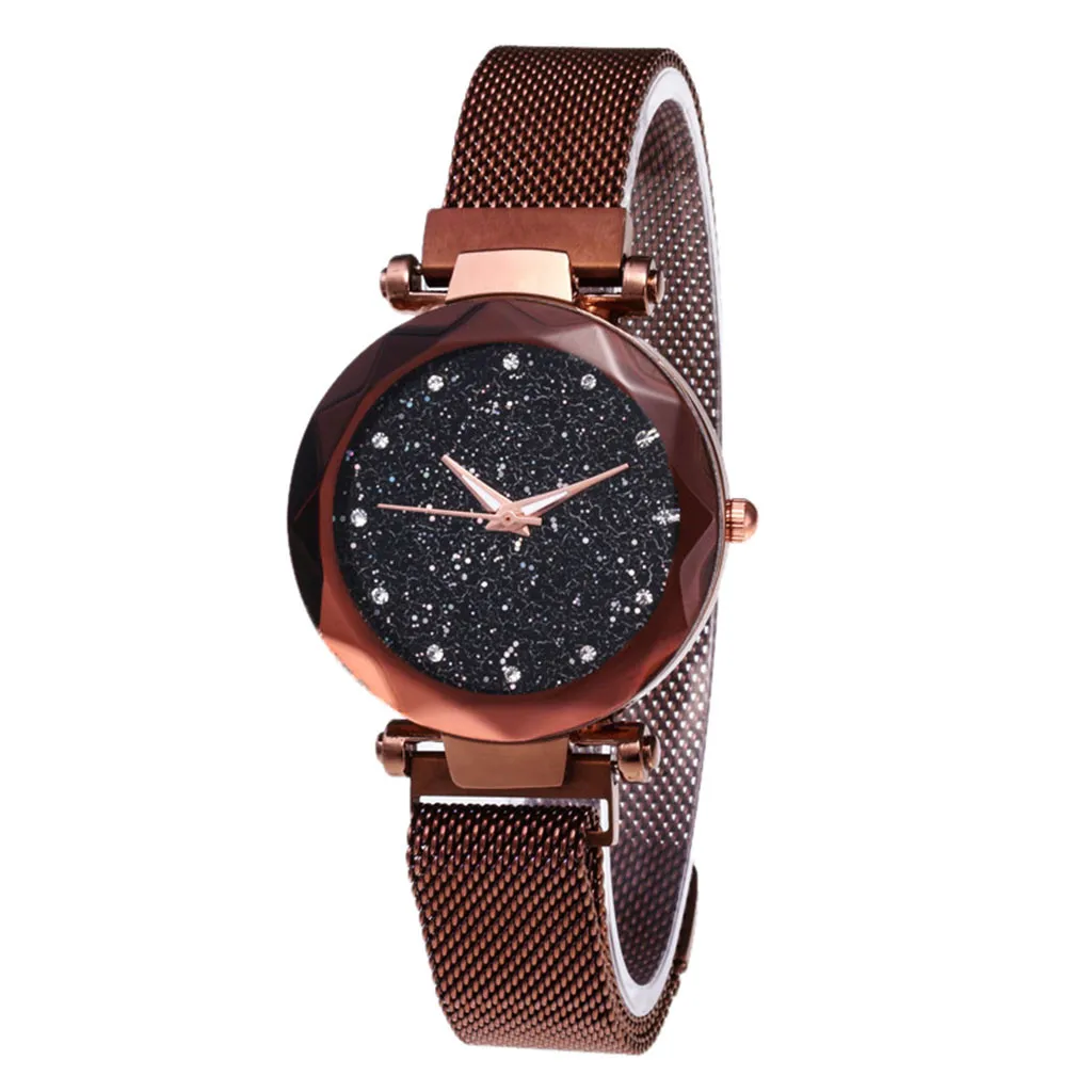 Модные женские часы Роскошные Звездное небо, стразы кристаллы часы магнитный камень Миланский сетчатый ремень женские кварцевые наручные часы