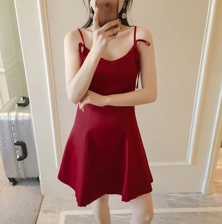 

2019 Summer New Style V-neck Low-Cut Backless Waist Hugging Camisole Midi-skirt Blouse Solid Color Skirt