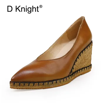

Spring Summer 2020 New Woven Wedge Shoes Women Handmade Genuine Leather Pointed Ladies High Heels Retro Single Pumps Women Shoes