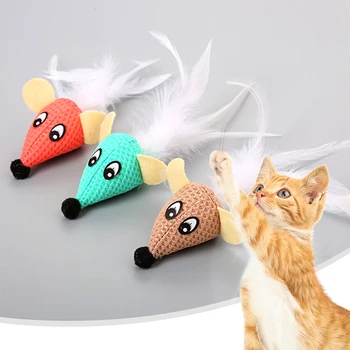 

New Cat Plush Animal Toy Funny Mouse Shape Tease Cat Toy With Feather Kitten Chew Toy Training Supplies 3 Colors 1pcs