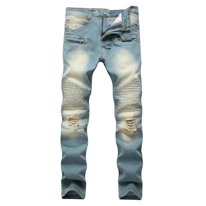 

2019 new men's zipper decoration jeans with holes and yellow drag