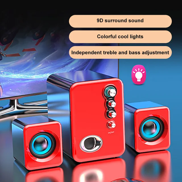 Computer Audio USB 2.1 Multimedia Bluetooth Overweight Subwoofer Desktop Home Speaker Wired Universal Audio Bright light Red