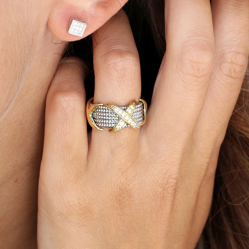 Мода 2 тон пластина кольцо крест дизайн с Потрясающие яркие CZ Кристалл bague femme Анель Модные кольца для женщин