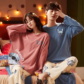 

High Quality 100% Cotton Cartoon Women Pyjamas Plus Size M-3XL Long Sleeve Sleepwear Crew Neck Pyjamas Suit Couple Pajamas Suit