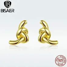 BISAER серьги-гвоздики с закручивающимся узлом, ювелирные изделия для Wowen, настоящая 925 пробы, цвет серебристый, золотой, подарок, вечерние, модные, HVE153