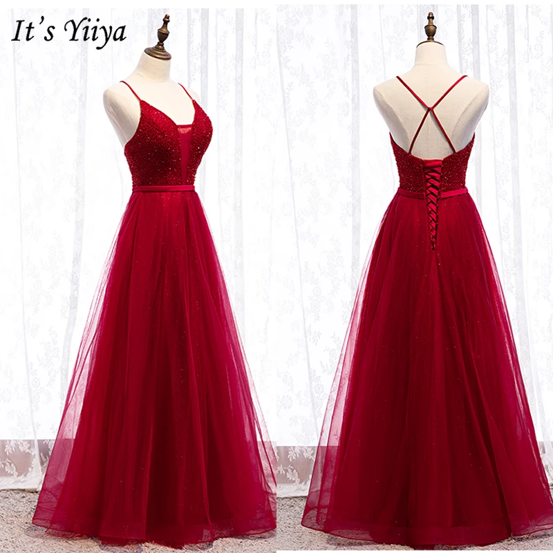 

It's Yiiya Evening Dress 2019 Summer Backless Crystal A-Line Dresses Burgundy Spaghetti Strap Long Party Formal Dresses E975