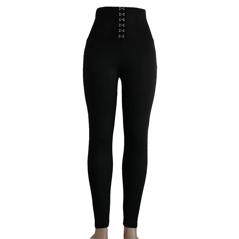 Women Spring New Female Black High Waist Button Hips Casual Leggings Slim Trousers Solid  Casual  Skinny