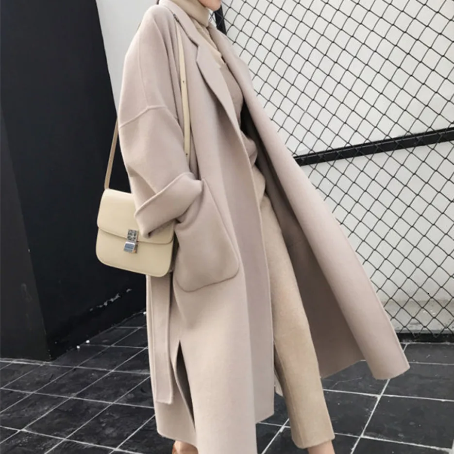 Шерстяное Женское пальто Abrigos Mujer Invierno повседневное черное шерстяное пальто с поясом и длинным рукавом