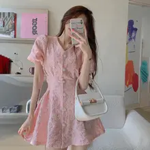 

Fashion Puff Sleeve Button Dress Mini Halter V-neck Summer Party White Elegant Pink Korean Robe Femme 2021 New Vestidos Sweet