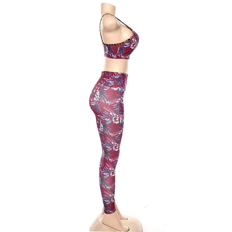 Новинка осени, Женский комплект для занятий йогой, высокая талия, цветочный принт, леопард, Mujer, 2 предмета, пуш-ап, для тренировок, Женский лифчик для фитнеса+ леггинсы