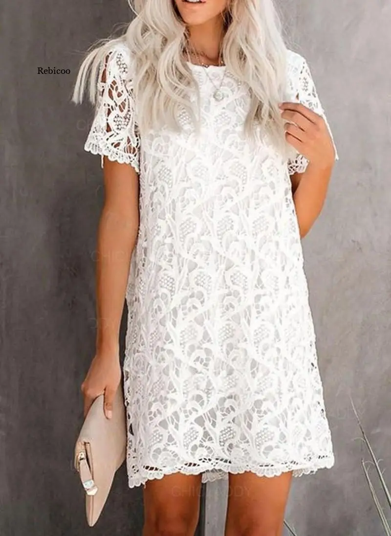 

Women Lace Dresses Summer Solid Fashion Short Sleeves Hollow Out Casual Mini Office Lady Dress High Street