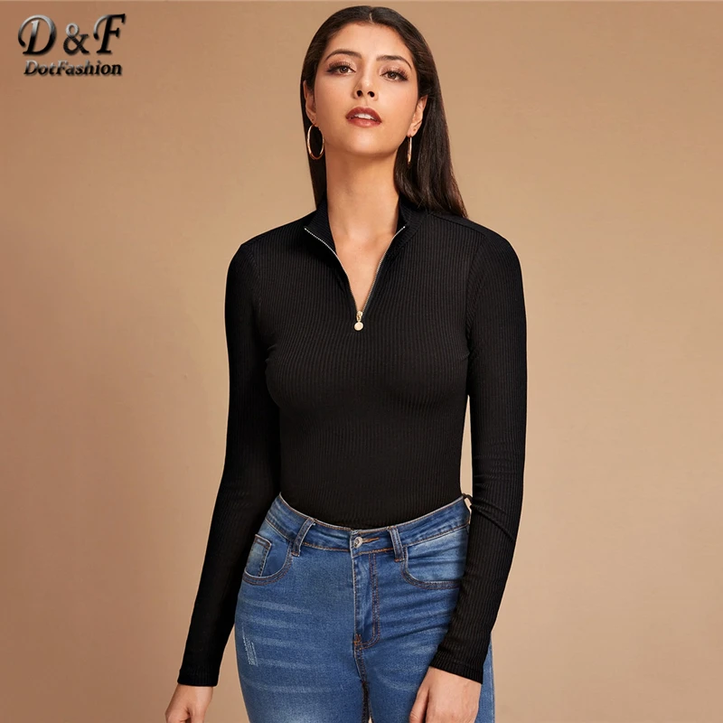 

Dotfashion Black Casual Rib-knit T-shirt Women 2020 Spring Front Zip Detail Trim Tee Tops Ladies Stand Collar Solid Top