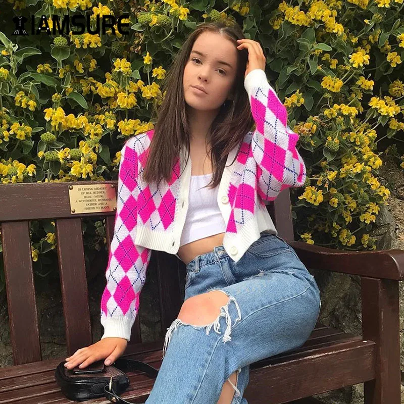 

IAMSURE Argyle Plaid y2k Aesthetic Knitted Cardigans Sweaters For Women Preppy Style V-neck Harajuku 90s Famale Cropped Sweaters