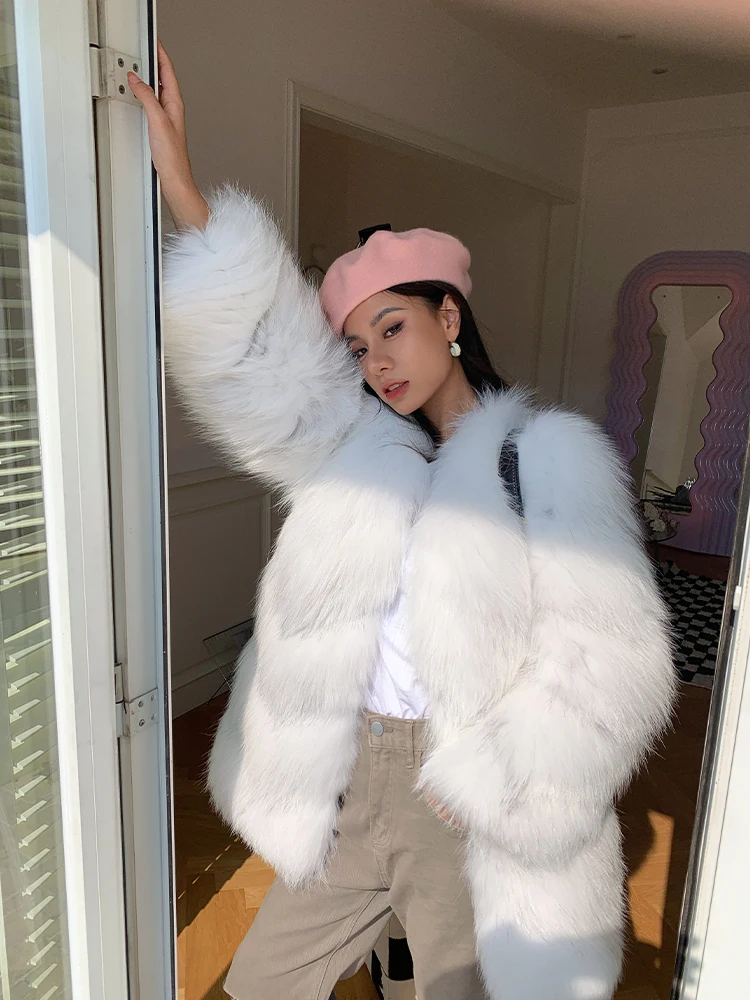 Mid-length Women Real Fox Fur Coat V-Neck 2022 New Trendy Whole Skin Genuine Fox Fur Jacket Thick Warm Fur Overcoat Woman Winter