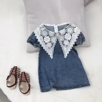

2020 Hot Selling Baby Girls Denim Dress With Lace Collar Summer Kids Girls Dresses 1-7 Years