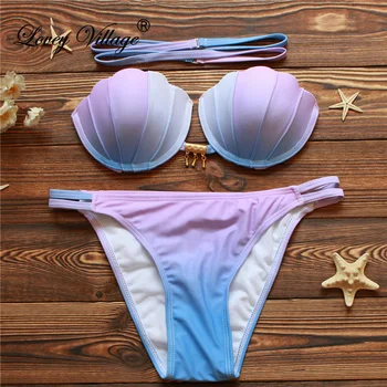 

2020 Bandage Bikinis Mermaid Shell Bikini Top Bandeau Swimwear Push Up Swimsuit Cut Out Bathing Suit Brazilian Bottoms Beachwear