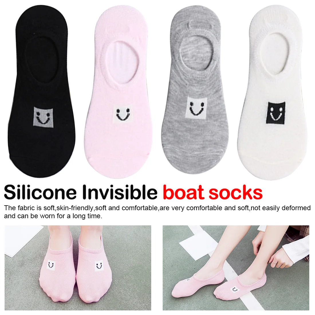 Boat Socks Smile Face Summer Breathable Comfortable Casual GirlSocS Good Quality Expression Socks 5 Pairs Of Silicone Invisible