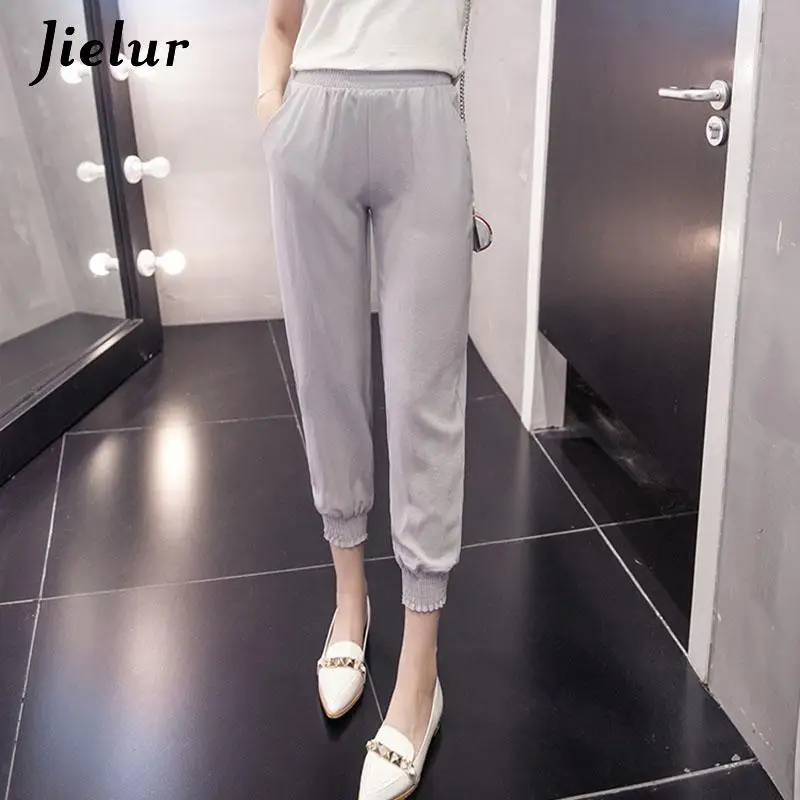 Jielur Chiffon Pants Summer Female Leisure Soft Trousers Women Solid Color Casual Loose Thin Cropped Harem Pants Bohemian Mujer