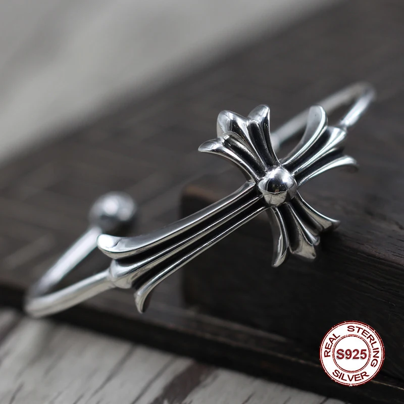 

S925 Men's bracelet in Sterling Silver Personality retro cross opening Classic simple punk style Send a gift to love
