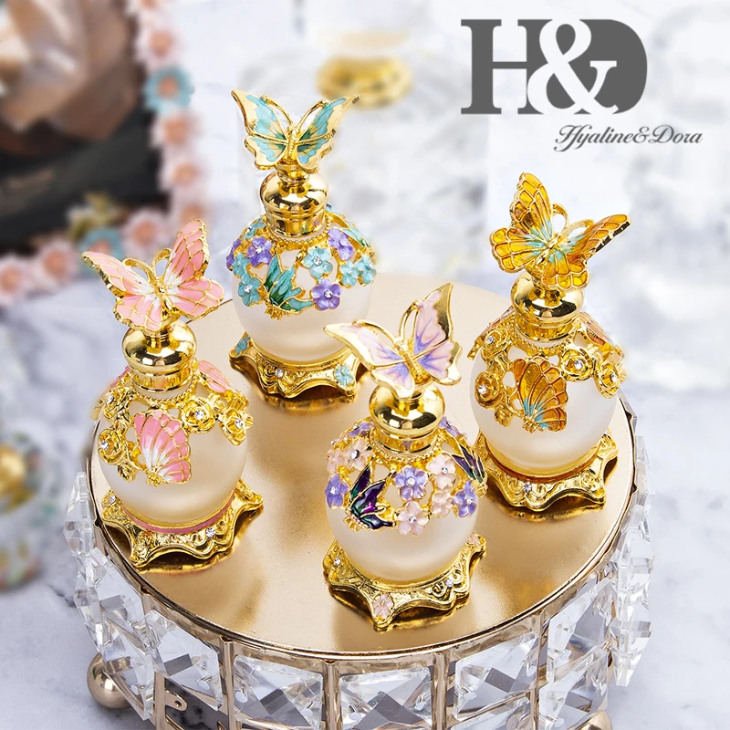 H&D 4 Color Gold Butterfly Perfume Bottle Retro Glass Empty Refillable Essential Oil Container Home Wedding Decor Lady's Gift