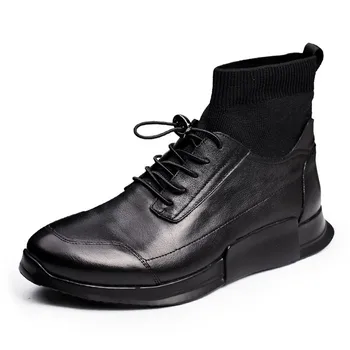 

Men Casual Sock Shoes Genuine Leather High-Top Ankle Slip On Luxury Trainers Sneakers Boots Male Brand Autumn Black Flats Shoes