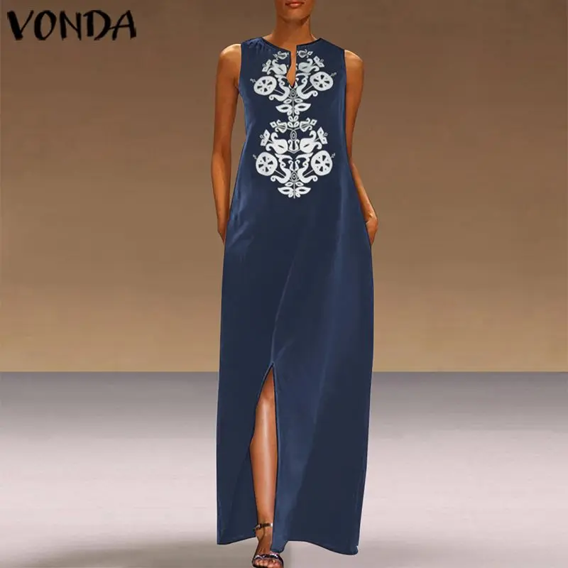 

VONDA Plus Size Women Maxi Long Dress 2019 Summer Sundress Bohemian Retro Sleeveless Printed Split Party Dress Sexy Vestidos