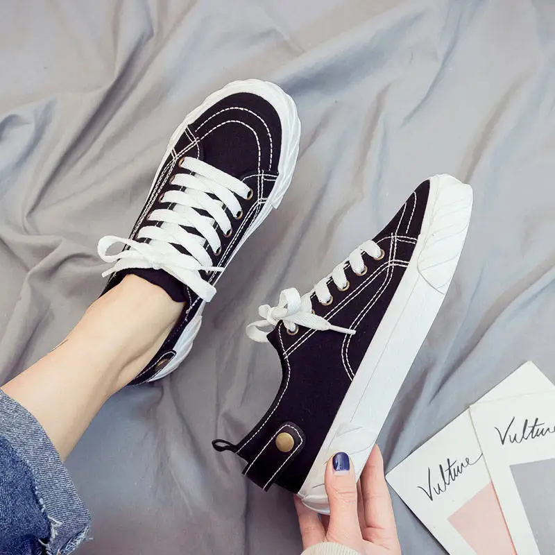 

2019 Spring New Style Flat White Shoes Korean-style Versatile Black Canvas Shoes Student Korean-style Thick Bottomed Shoes Fashi