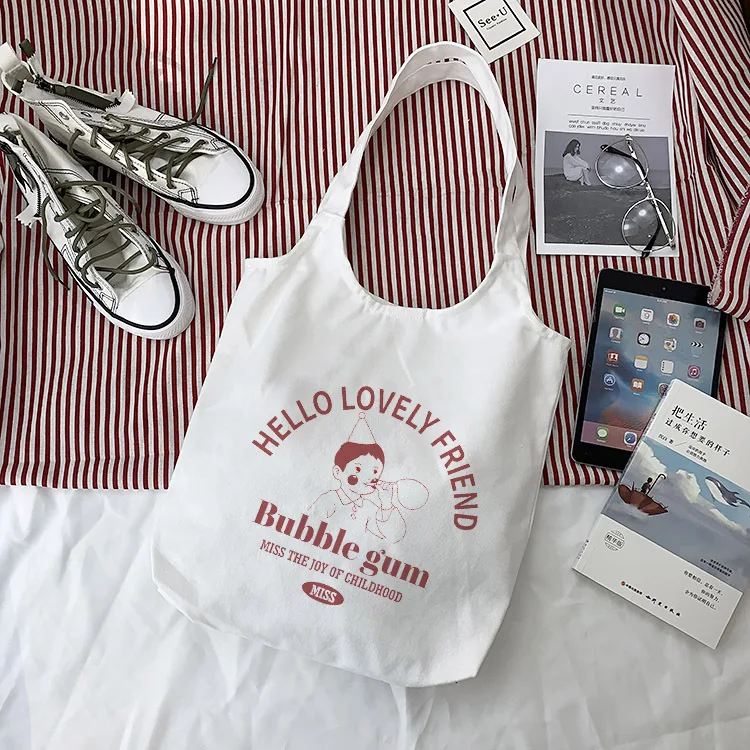 Women's Cartoon Print Tote Bags Handbag Ladies Casual Shoulder Bag Female Canvas Tote Bags Cotton Cloth Shopper Bag for Girls