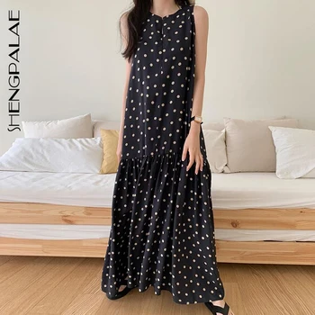 

SHENGPALAE 2020 New Summer Women Vintage Loose High Waist Slim Was Thin Elegant Wave Point Sleeveless Maxi Dress ZA4489