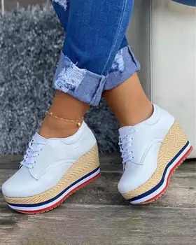 Vulcanize Shoes Women Sneakers Ladies Solid Color Wedge Thick Shoes Round Toe Lace-Up Comfortable Platform Sneakers 2021 Fashion 5