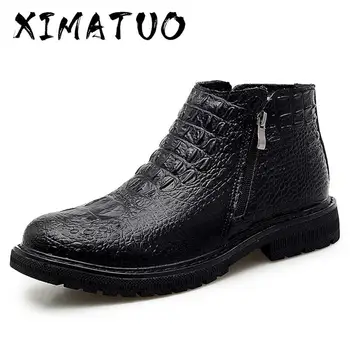

High Quality Leather Business Men's Boots Autumn Winter Warm Fur Snow Boots Crocodile Pattern Men Ankle Boots Men's Shoes