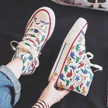 

Girls Canvas Shoes Dinosaur High Up Sneakers Cartoon Cute Dino 2019 Autumn New Preppy Style Cool Fashion Women Casual Shoes