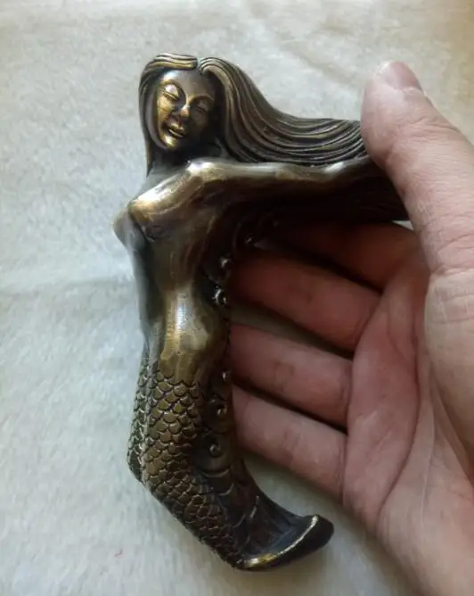 Old Bronze Handwork belle Statue Walking Stick Head Collectable Mermaid 