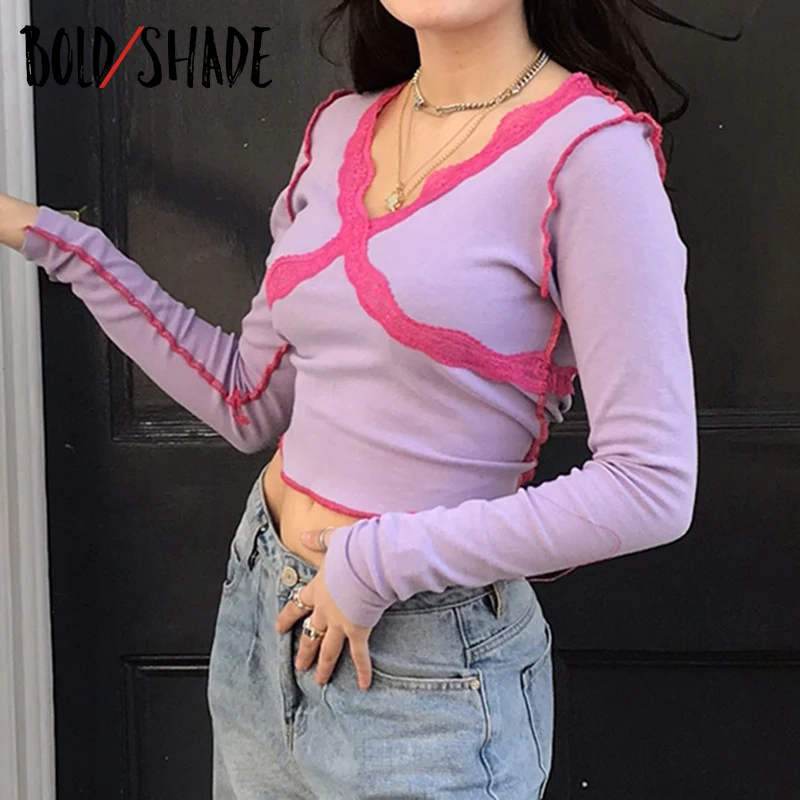 Bold Shade E-girl Harajuku Indie Crop Tops Long Sleeve Lace Patchwork Violet Tshirts Women V-neck Fashion Autumn Hot Trends