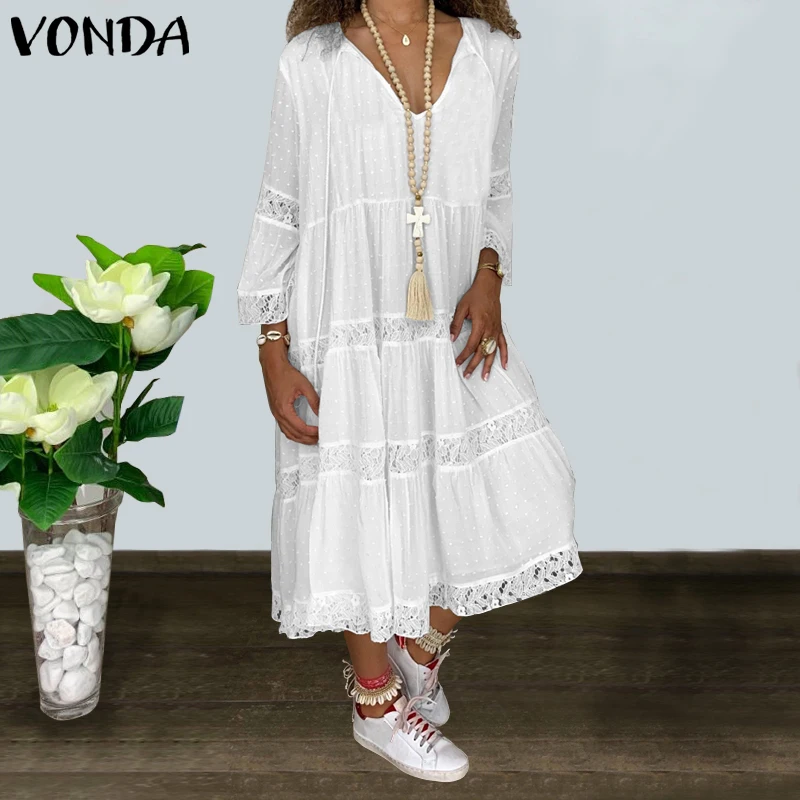 VONDA Womens Autumn Dress Casual Loose Flare Sleeve Bohemian White Dress Beach Sundress Sexy Party Vestidos Plus Size S-5XL Robe
