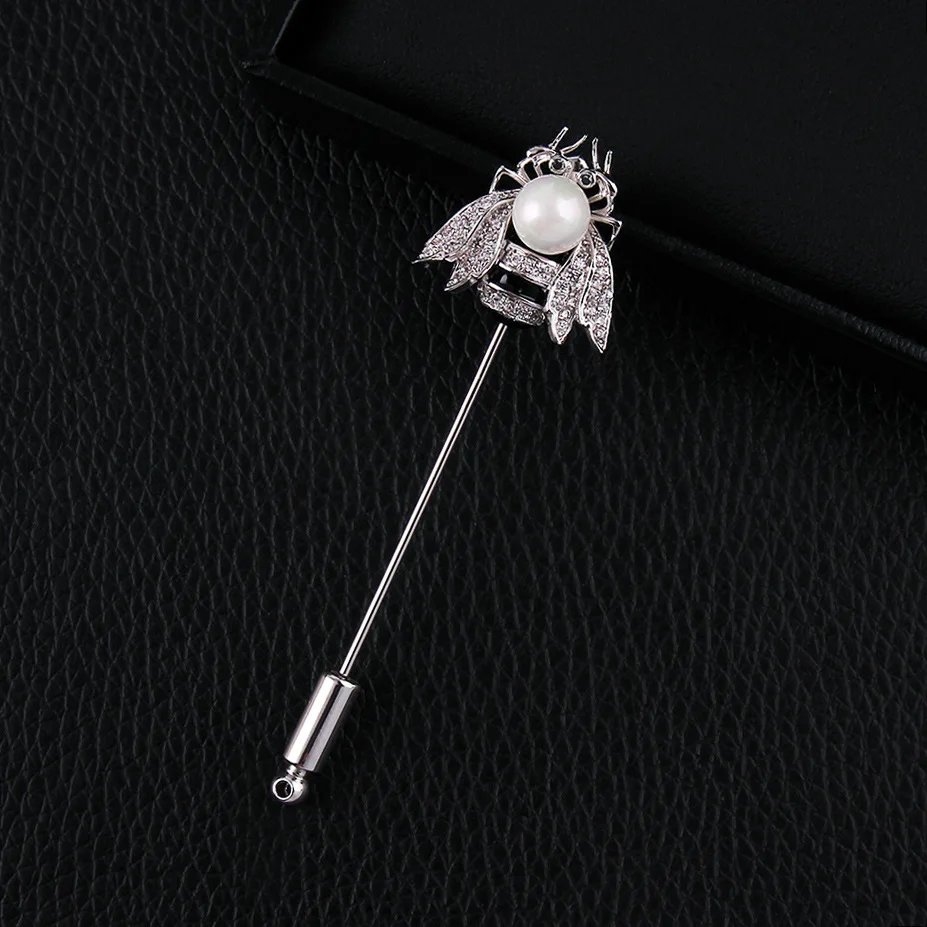 

South Korea Cool Crystal Small Bee Men A- line Brooch Micro Zircon Pearl Suit Pin Corsage 2008