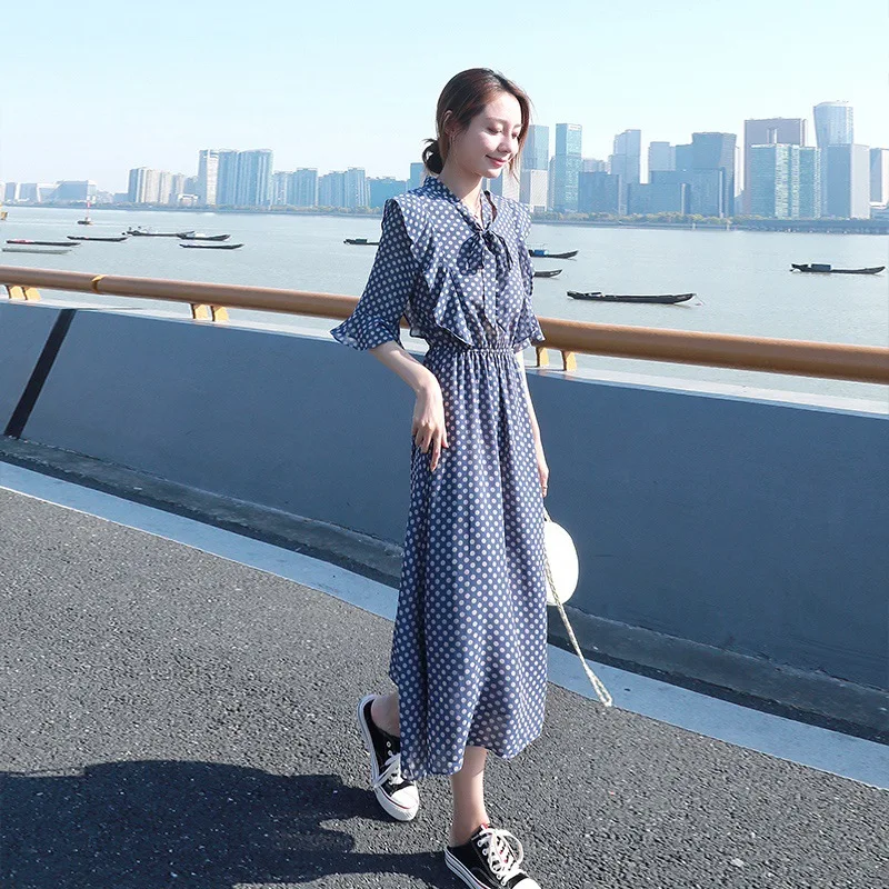 

Red Polka Dot Chiffon Dress 2020 New Style Summer Mid-length Knee-length Popular Blue Dress Women Clothes Vestidos Ropa Mujer
