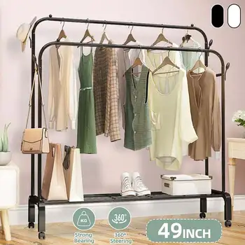 

Floor Drying Rack Double Rod Mobile Clothes Storage Rail Clothes Rack Hanger Reinforced Coat Rack Household Room Stand Shelf