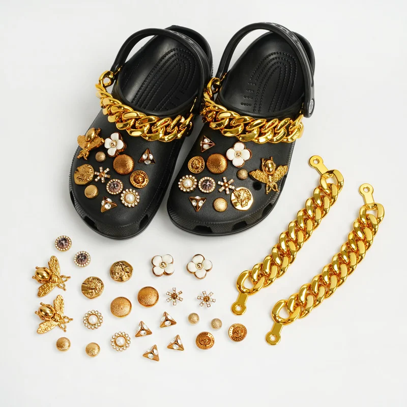 Luxury Brand Designer Gold Metal Shoe Accessories Fine Color Bling  Rhinestone Croc Charms Decaration for JIBZ Clog Girl Gift SHE