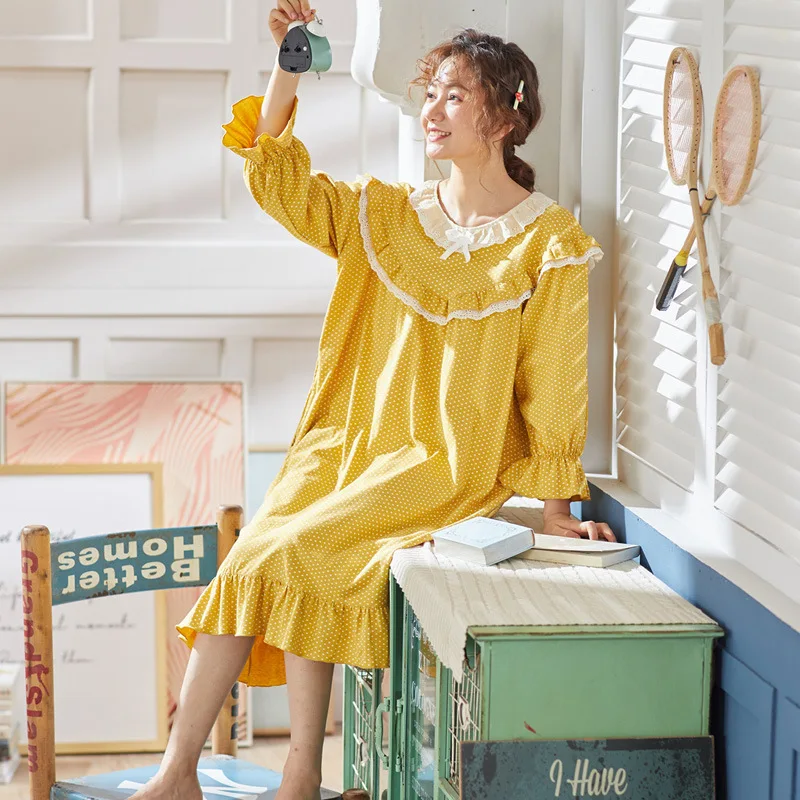 

Nightgown Female Summer Pure Cotton Long Sleeve Cute Palace Princess Style Sweet Fairy Long over-the-Knee Home Wear Thin Pajamas