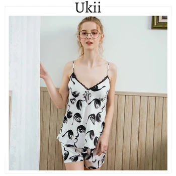

Ukii Silk Sleepwear Set For Women Summer Animal Sleeveless Spaghetti Strap Pajamas Women Set Sexy Pijama Mujer Verano Shorts