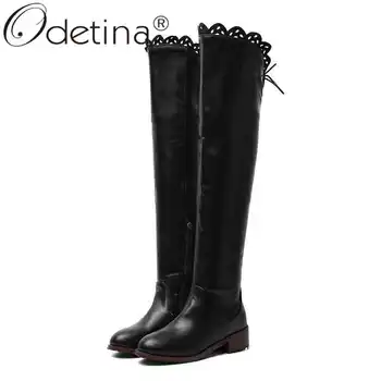 

Odetina New Women Back Lace Up Over The Knee Boots Side Zip Up Low Heels Winter Warm Retro Thigh High Riding Boots Plus Size 48