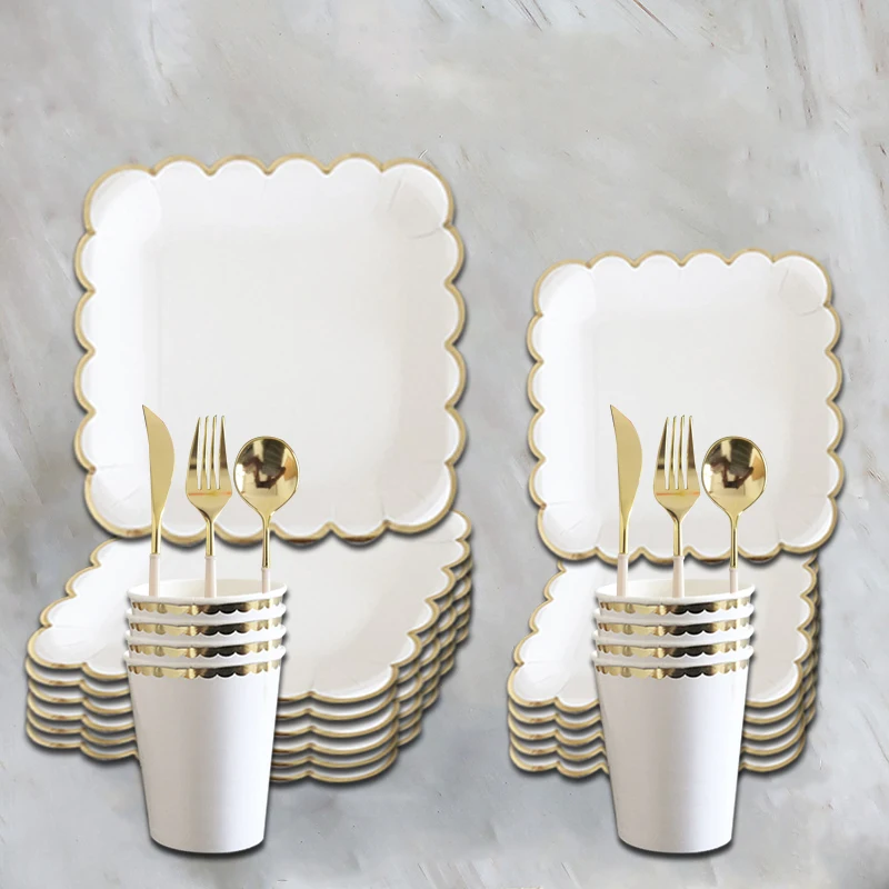Creative8GuestsWhiteDisposableTablewareGoldenEdgeSquarePlates