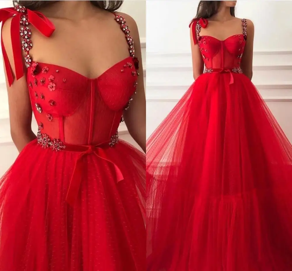 

Red Lace A Line Prom Dresses 2020 Spaghetti Straps Beaded Layered Ruffles Floor Length Formal Party Evening Gowns Vestidos Noiva