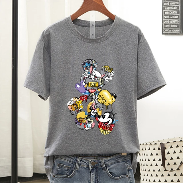 Disney Colorful Mickey Mouse T Shirt Women 2021 Summer Tshirt Graphic Tee Cool Women T-shirt Female Tee Shirt 90s Aesthetic Tops Dark Gray